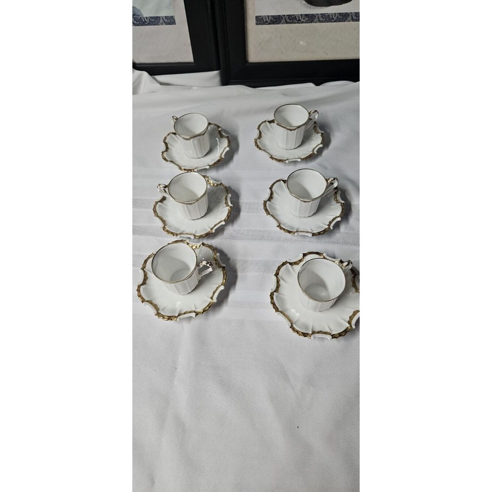 TV Limoges France La Cloche 6 setsTea Cups Saucers Fine‎ China Gold Rimmed